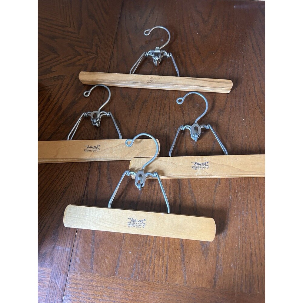 SETWELL vintage clamp style WOODEN Trouser HANGERS pants slacks skirt lot x4